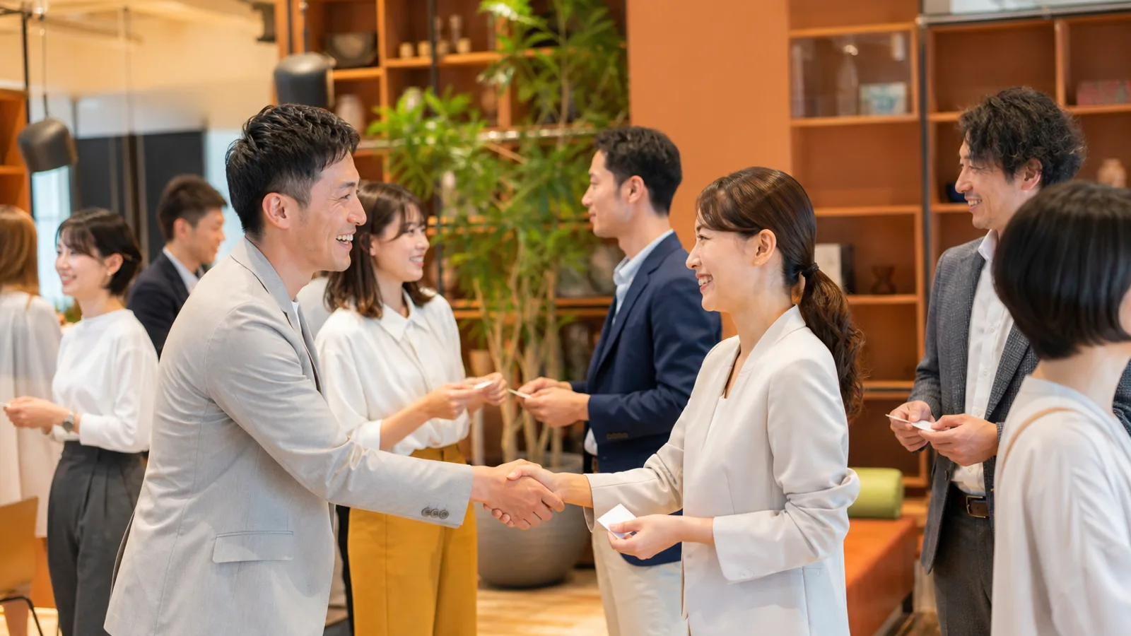 ビジネスパーソンが出会い名刺交換する様子